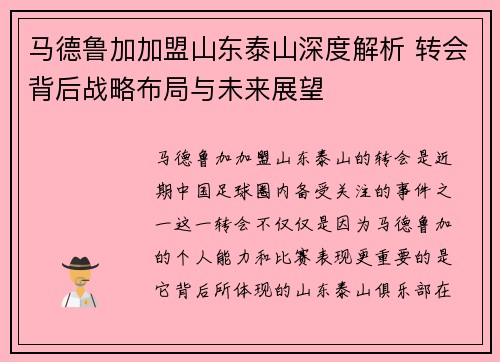 马德鲁加加盟山东泰山深度解析 转会背后战略布局与未来展望