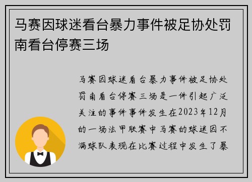 马赛因球迷看台暴力事件被足协处罚南看台停赛三场