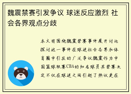 魏震禁赛引发争议 球迷反应激烈 社会各界观点分歧
