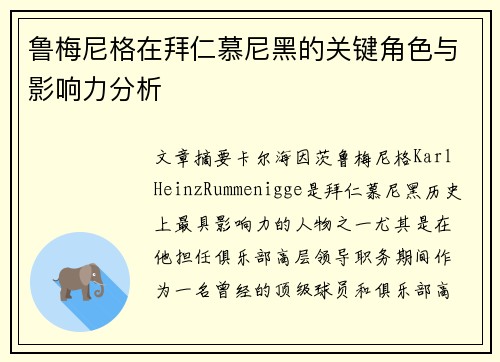 鲁梅尼格在拜仁慕尼黑的关键角色与影响力分析
